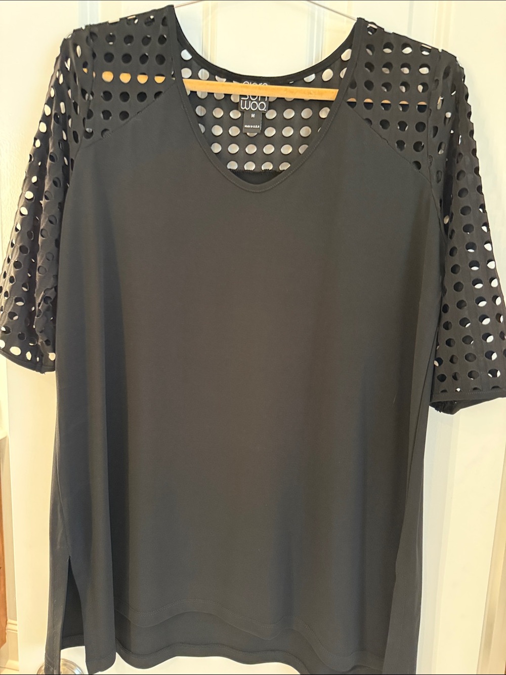Clara Sun Woo Black Short Sleeve Top with Eyelet Sleeves